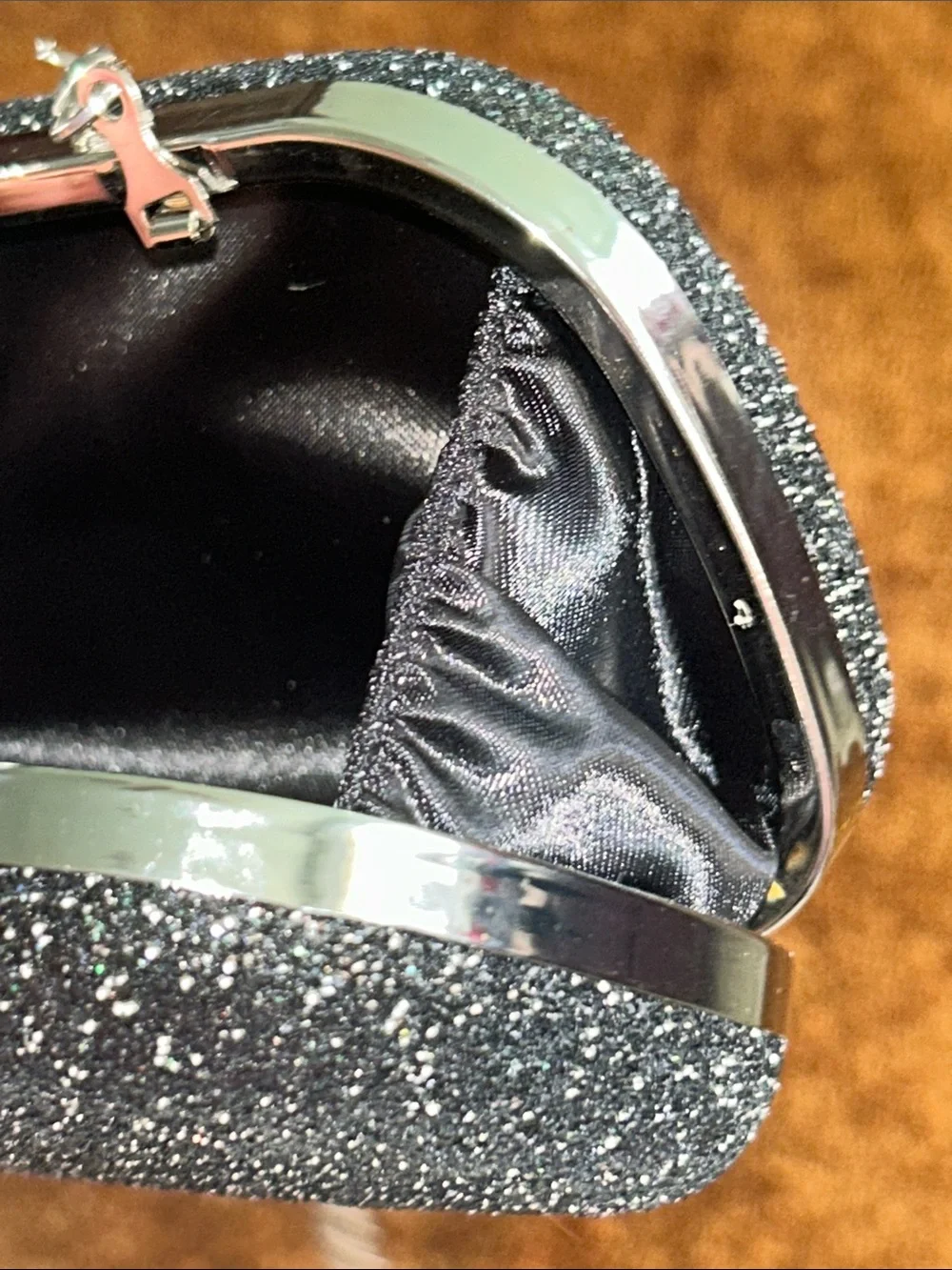 Black Glitter Rhinestone Evening Clutch with Silver Chain